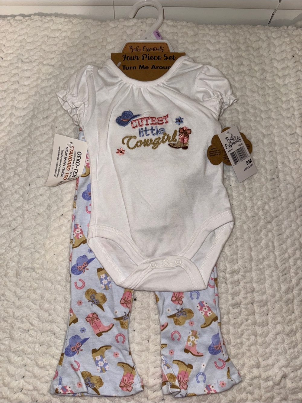 Baby Essentials White One-Piece with Light Blue Cowgirl Print Pants